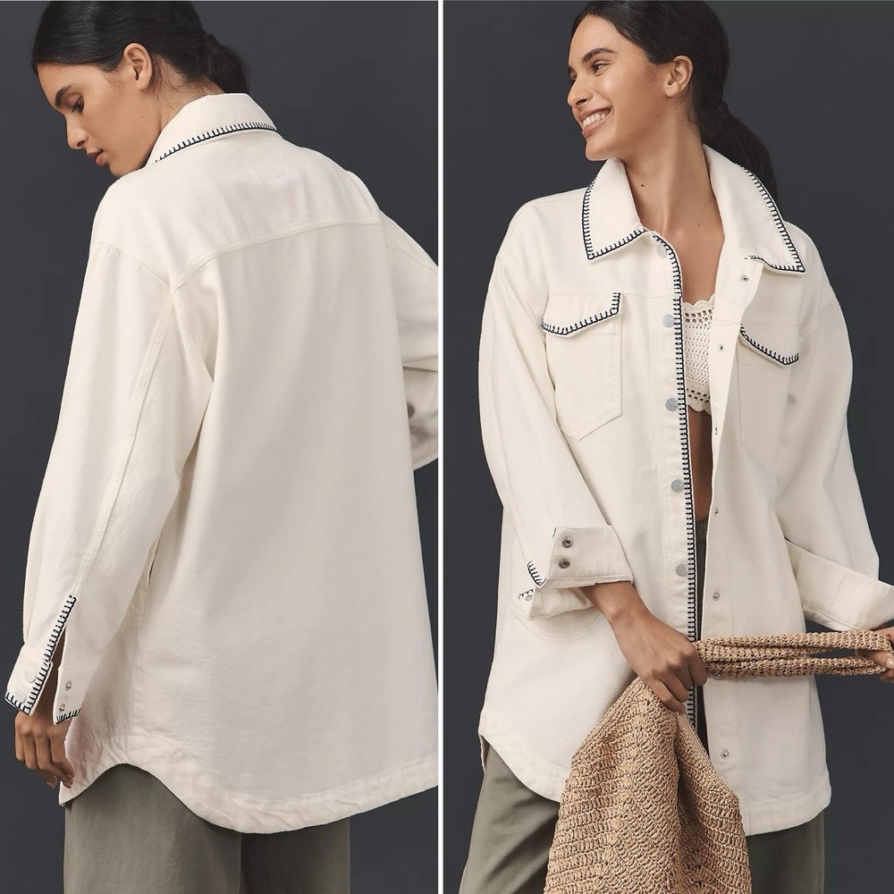 NWT Anthropologie‎ PILCRO Oversized White Jean Jacket XL Tillie Whipstitch $178